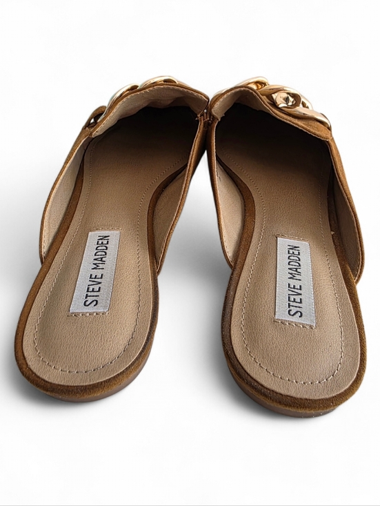 Steve Madden Tan Suede Chain-Trim Mules. - Picture 9 of 11